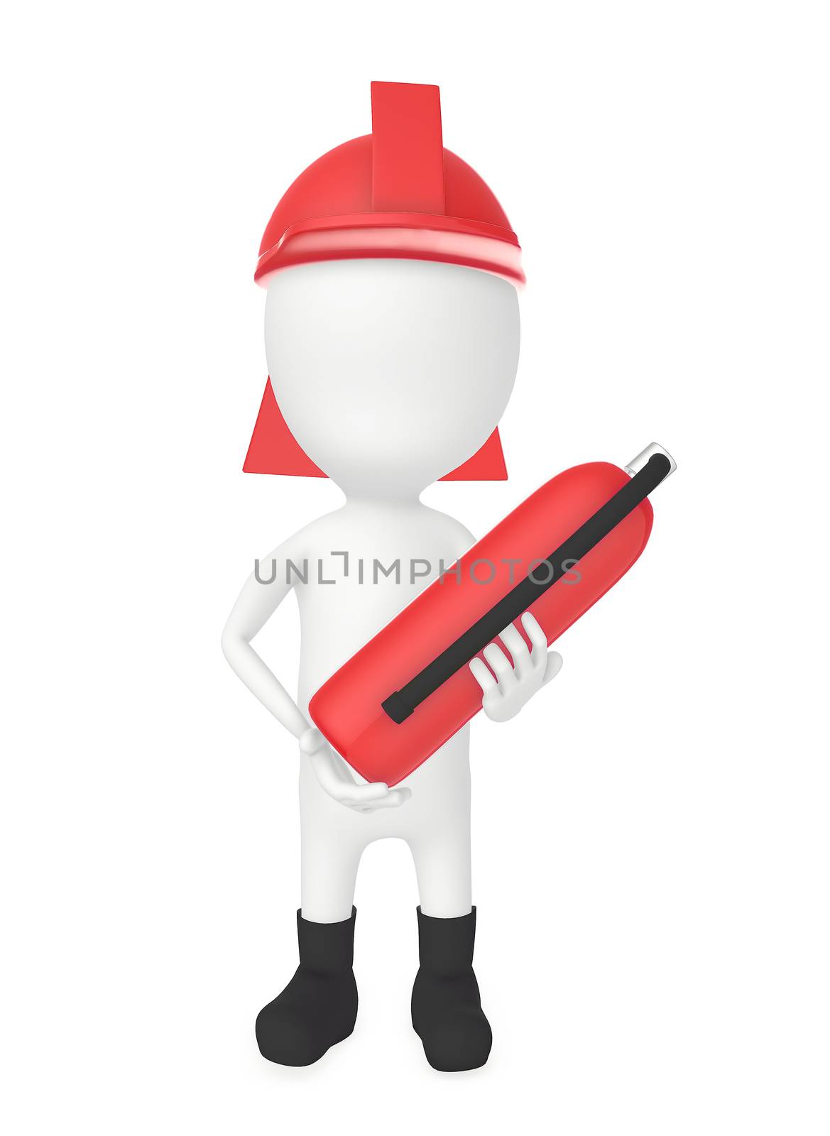 3d character wearing a safety helmet and holding a fire extinguisher in hand - 3d rendering