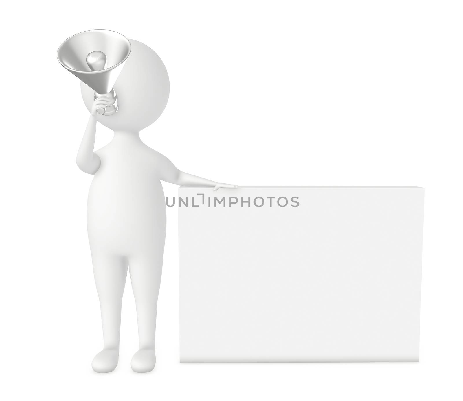 3d character man , holding a megaphone leaning his hands over a empty rectangular board by qualityrender