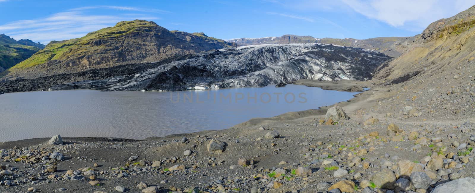Panoramic view of the Solheimajokull Glacier, in south Iceland