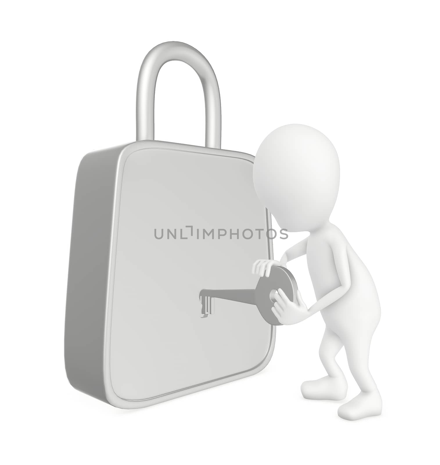 3d white character unlocking a lock , unlocking , locking - 3d rendering by qualityrender