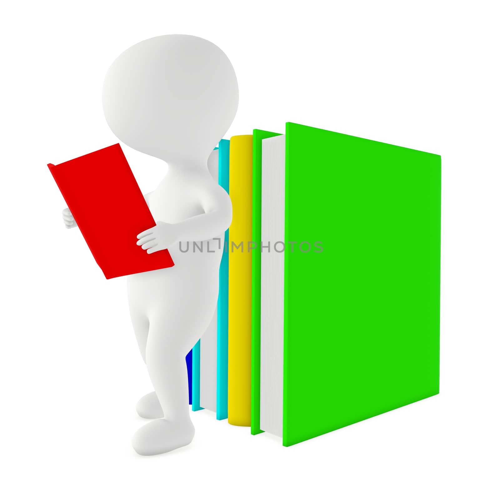 3d white character reading book near to a pile of books by qualityrender