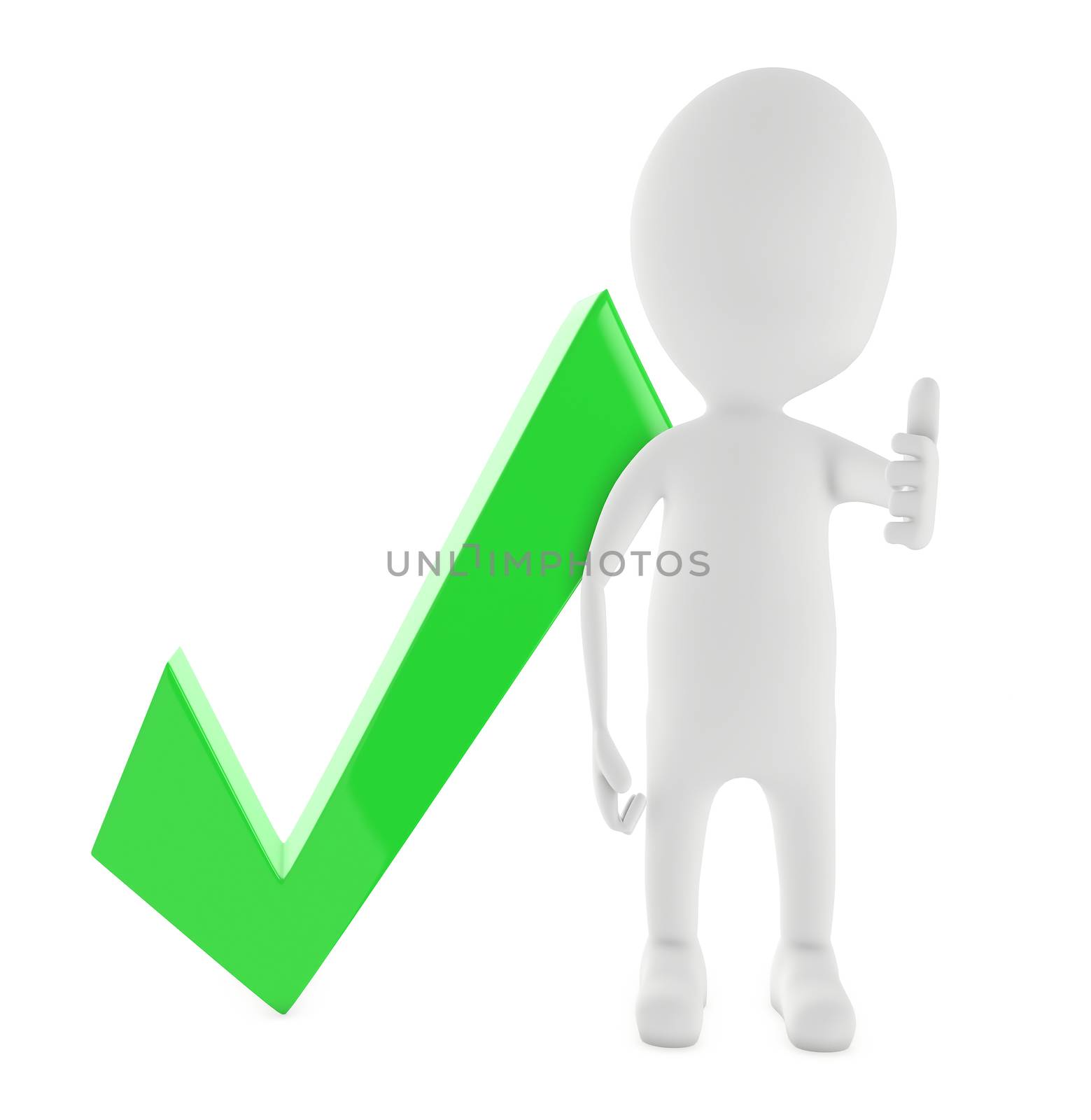 3d character showing thumbs up gesture , green tick mark - 3d rendering