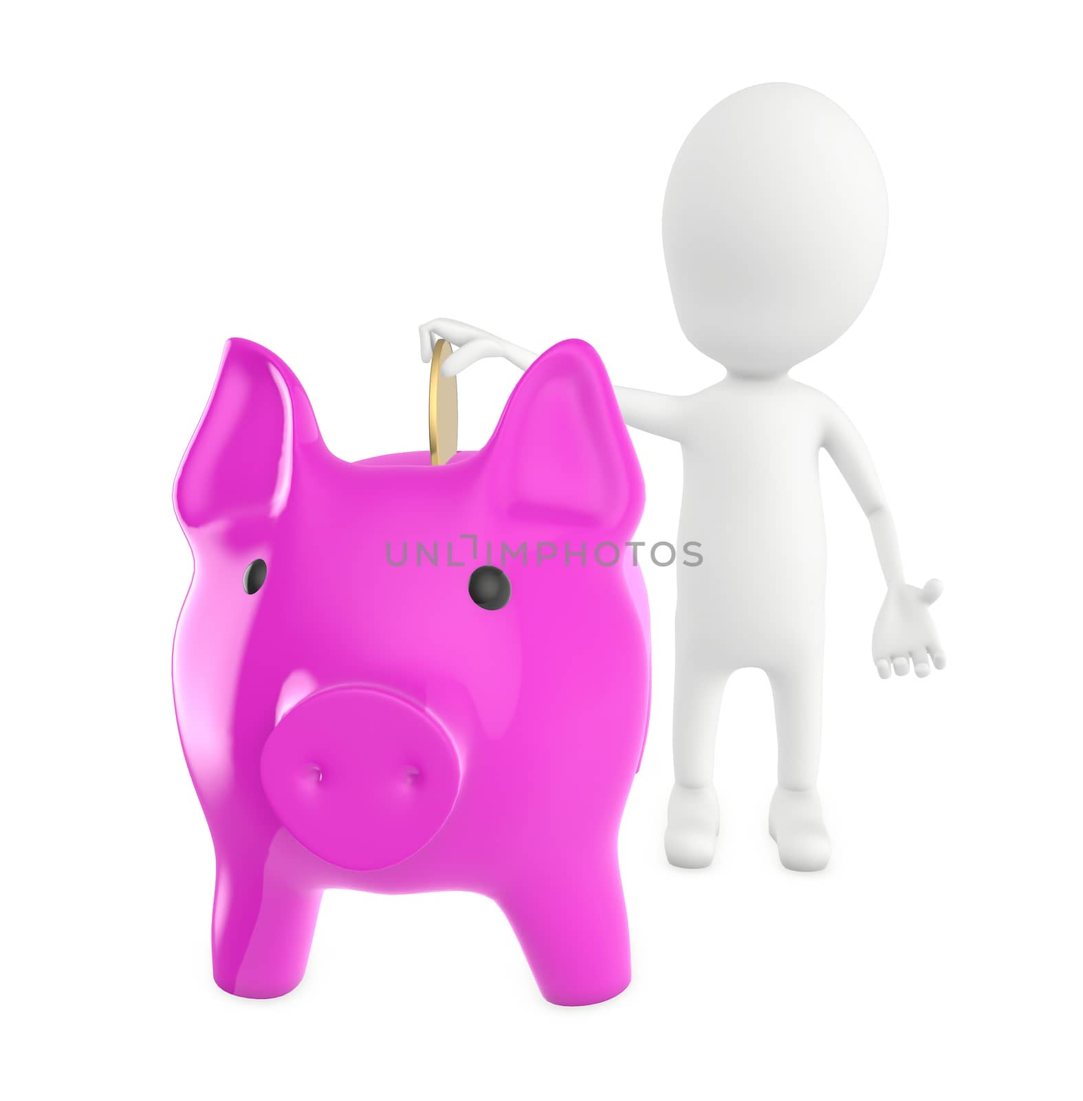 3d white character inserting golden coin to piggy bank - 3d rendering