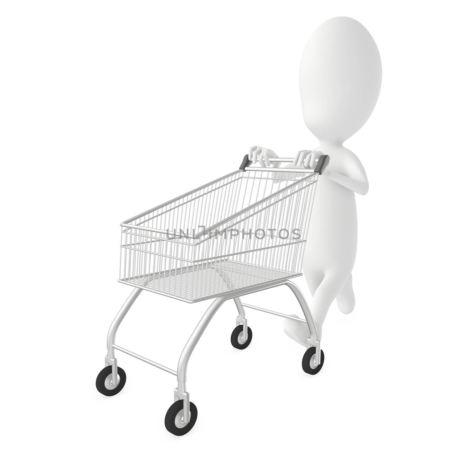 3d character , man moving an empty shopping cart by qualityrender