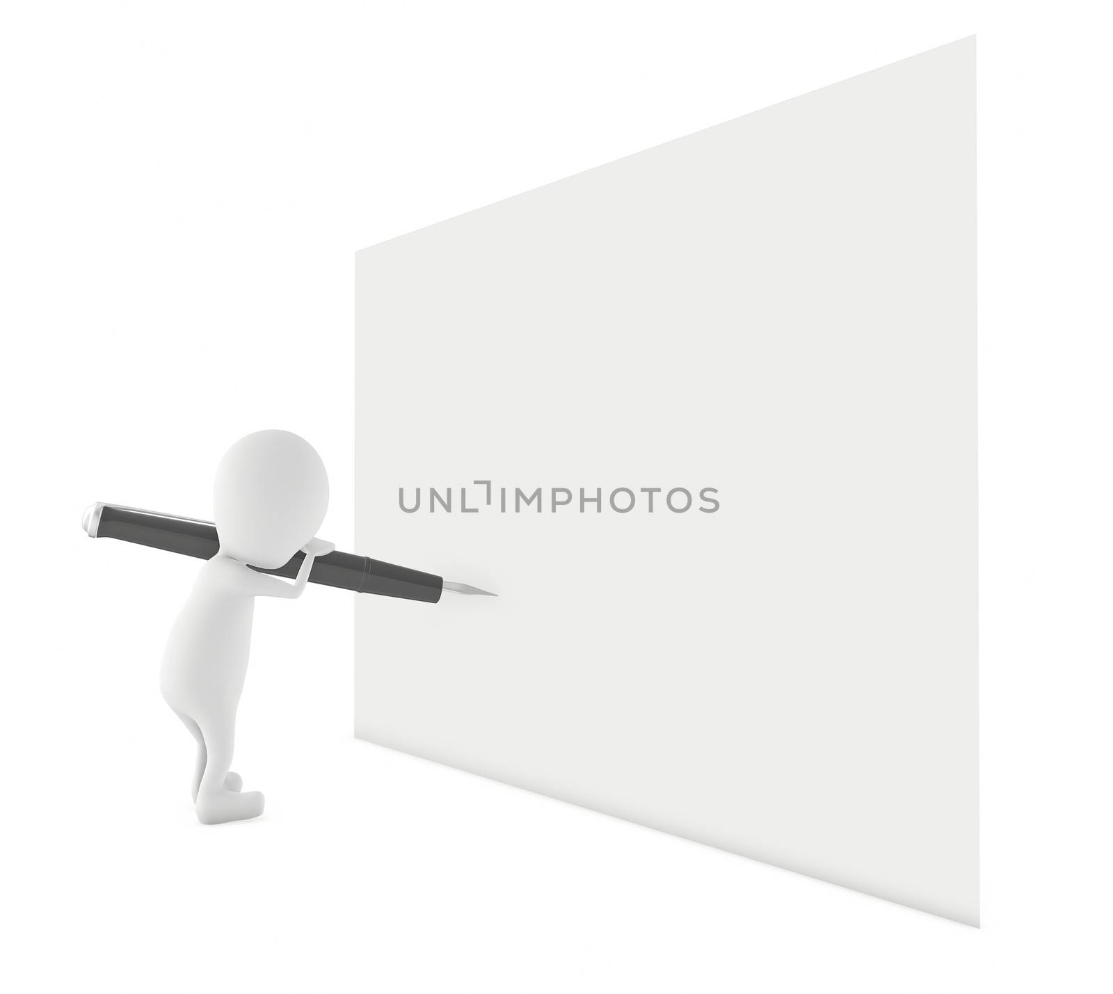 3d character ,holding a pen and writing on a white empty space - 3d rendering