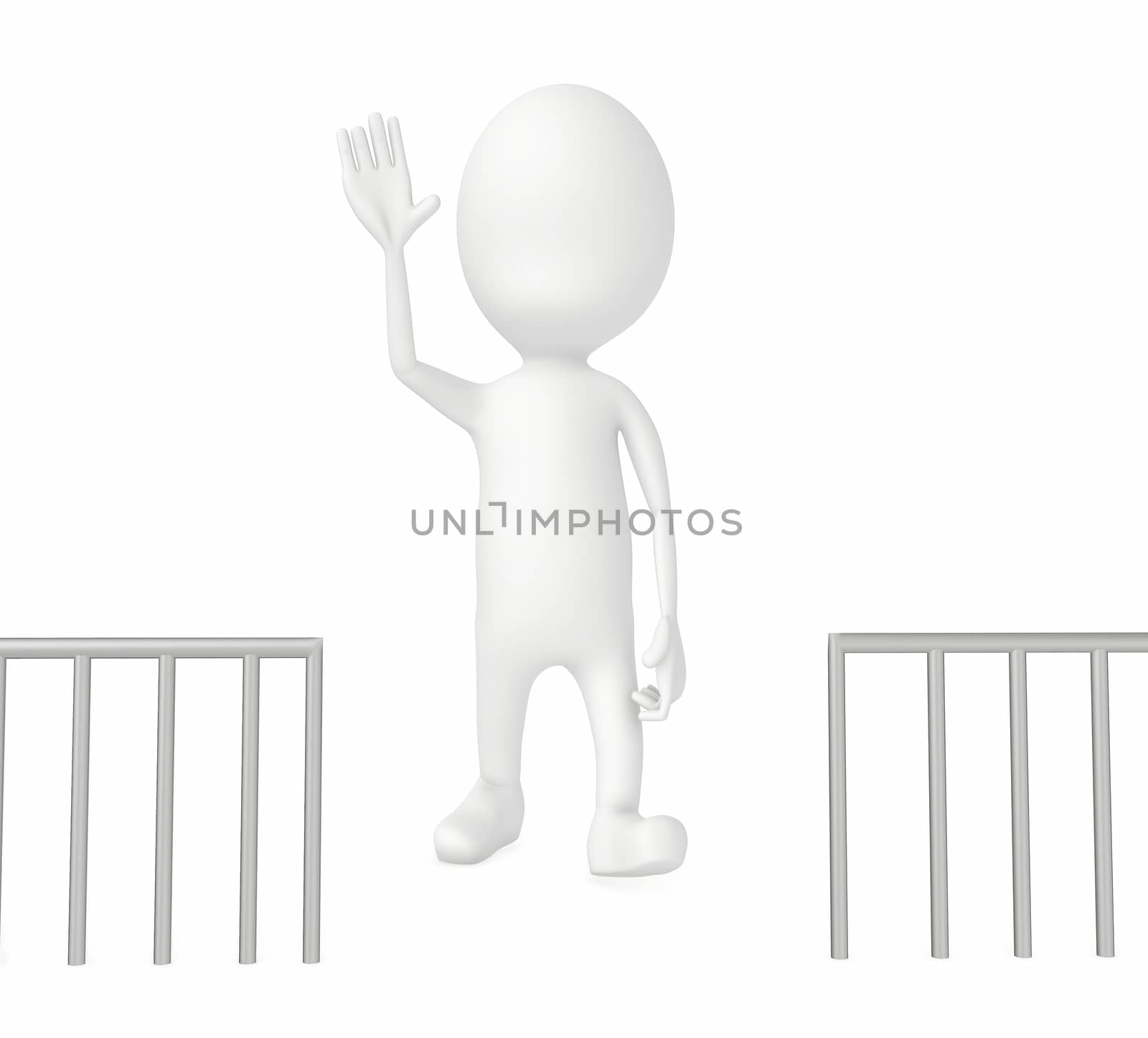 3d character , man , barrier , showing stop hand gesture- 3d rendering