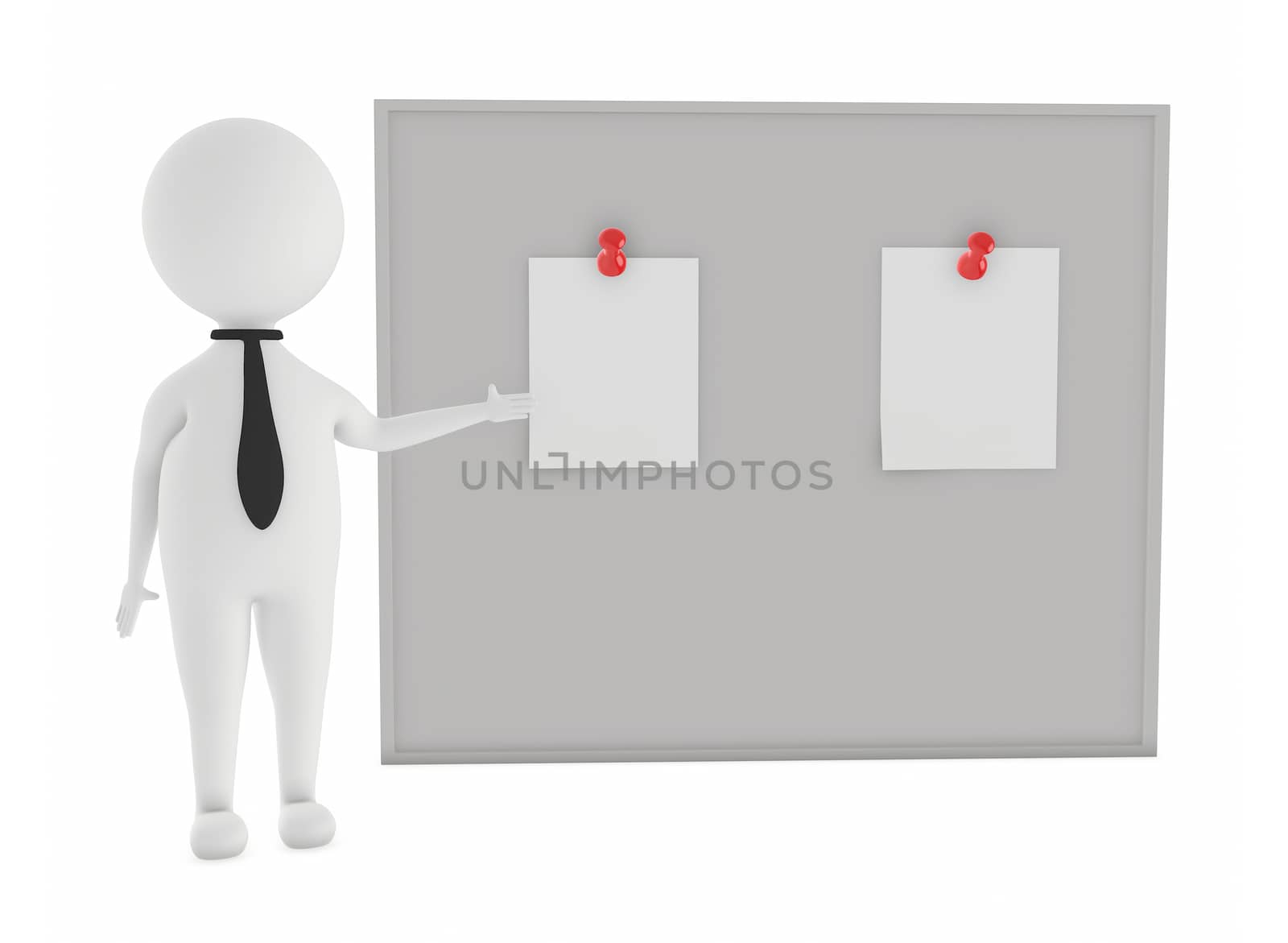 3d character pointing his hands towards a board with pinned papers - 3d rendering