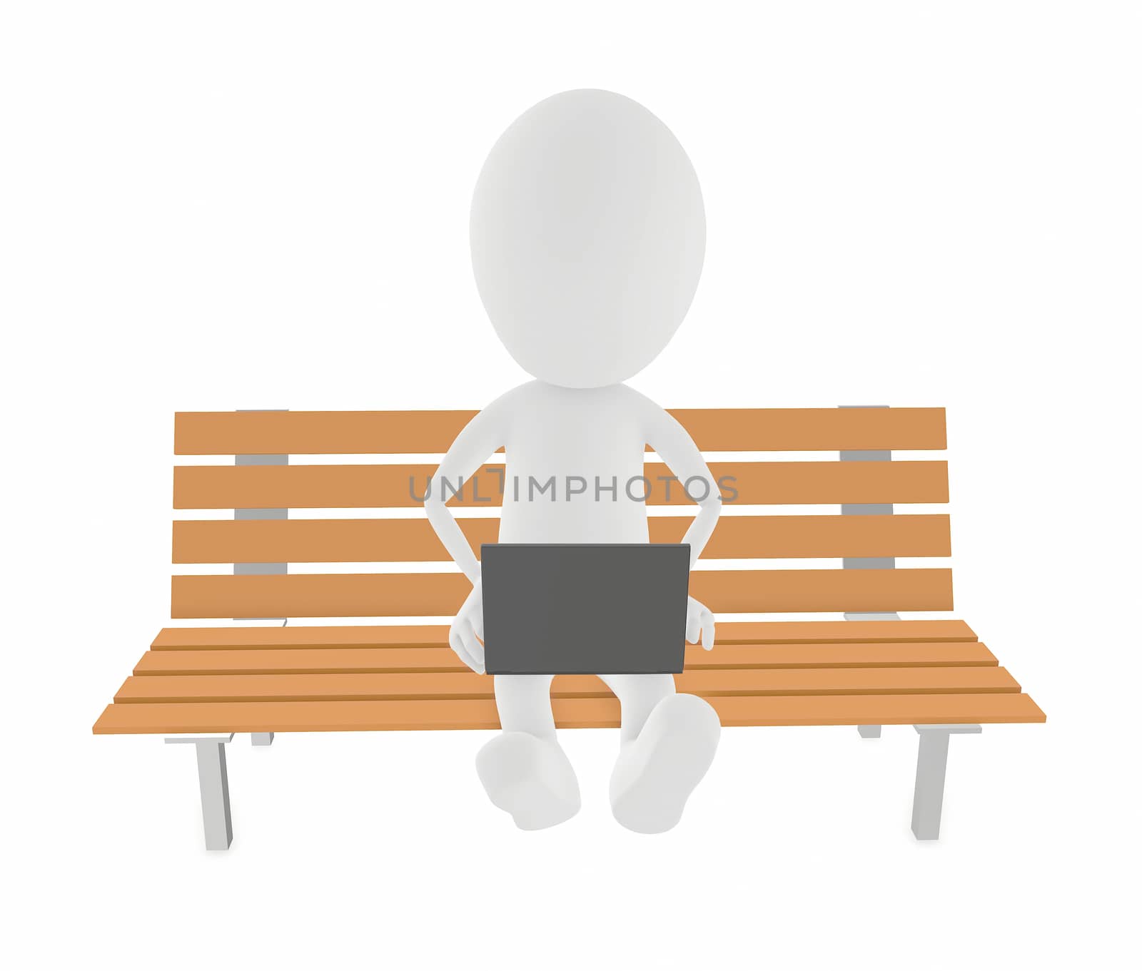3d character using laptop while sitting on a wooden bench by qualityrender