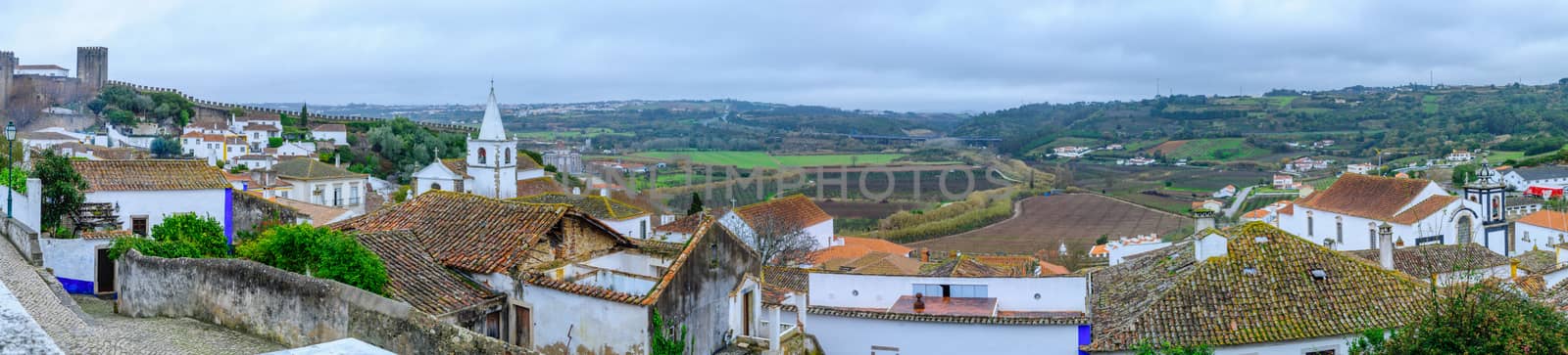 Panoramic view of the old town, with rooftops, and nearby countryside, in Obidos, Portugal