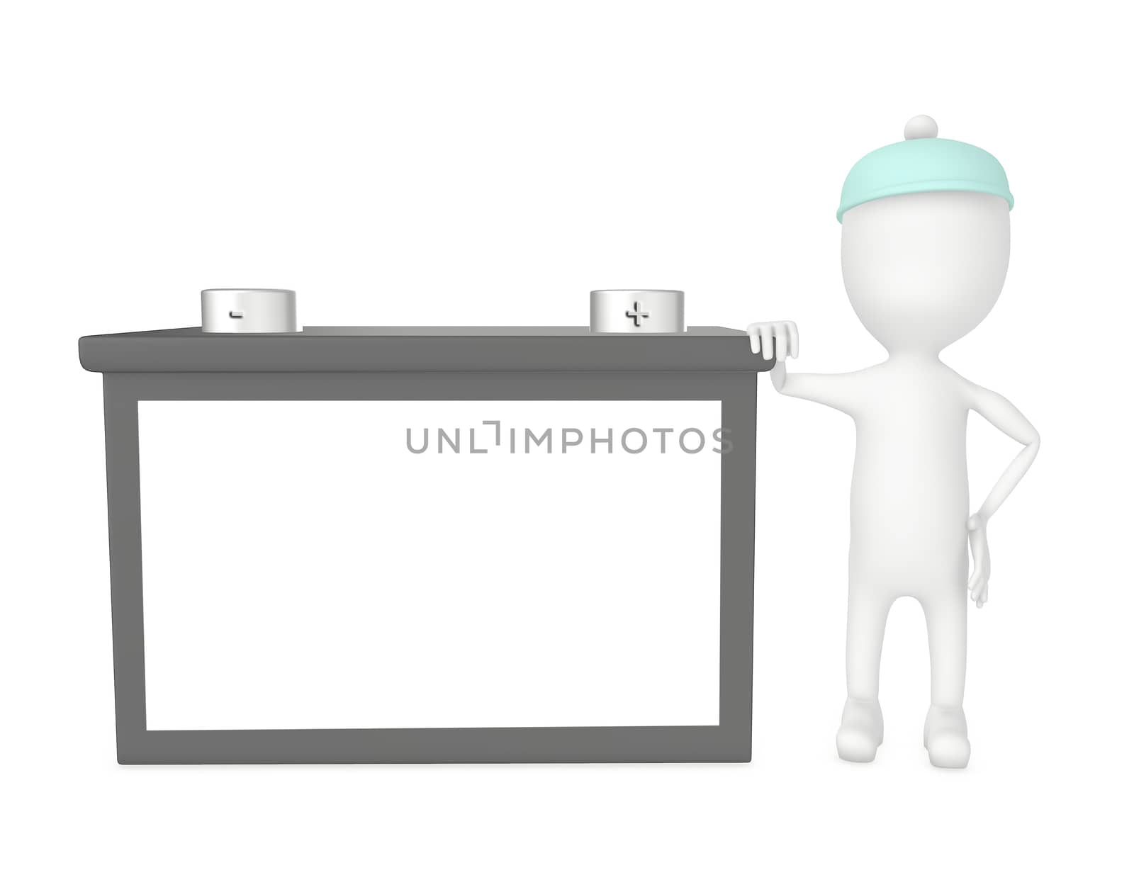3d white character with a battery - 3d rendering