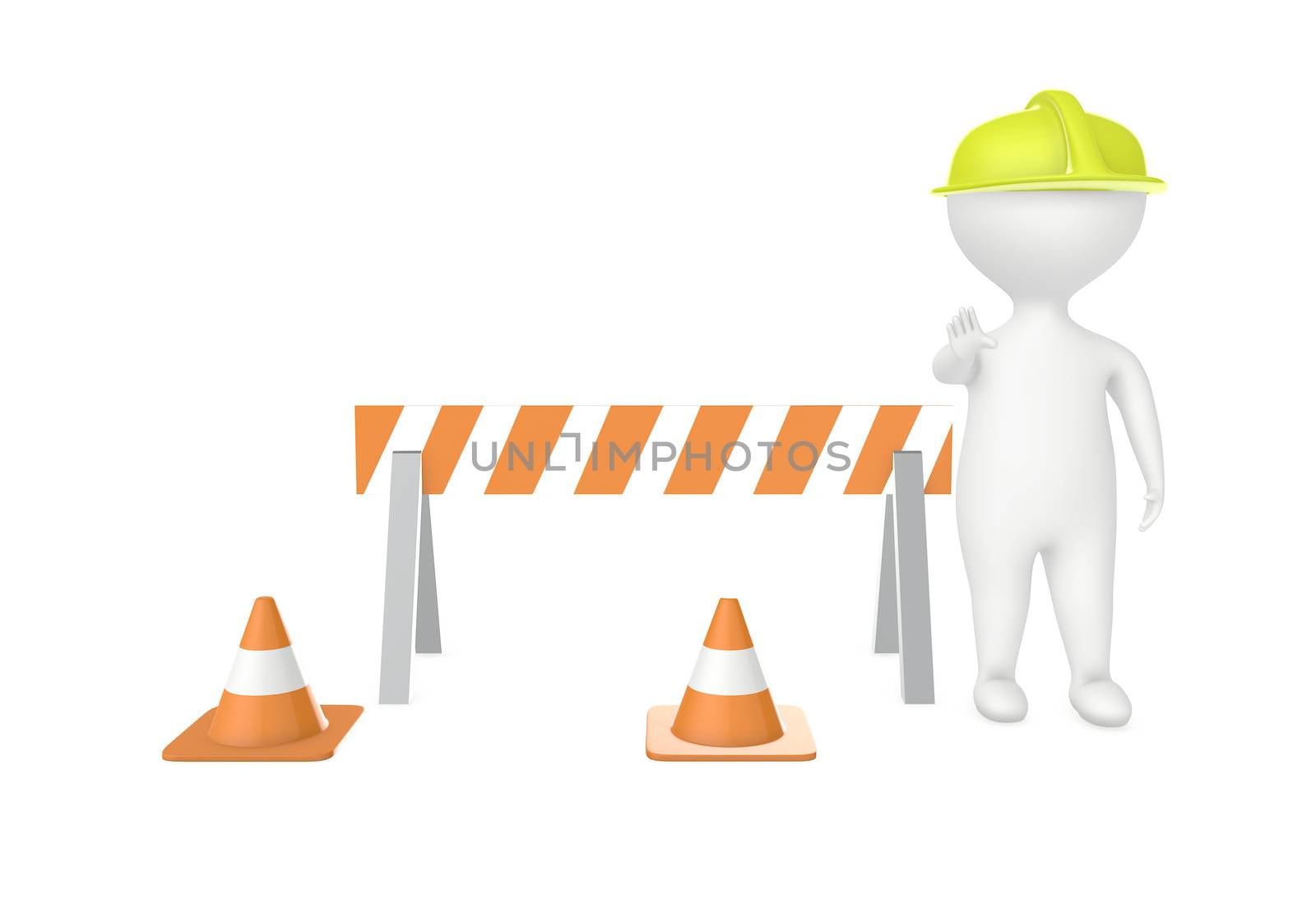 3d character work men showing stop gesture , traffic cones and by qualityrender