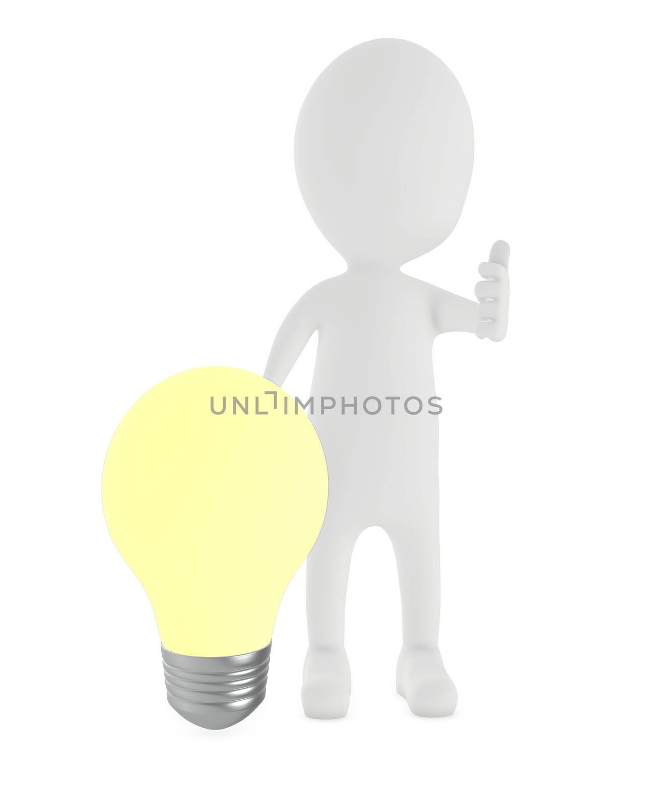 3d character , man presenting a illuminated bulb by qualityrender