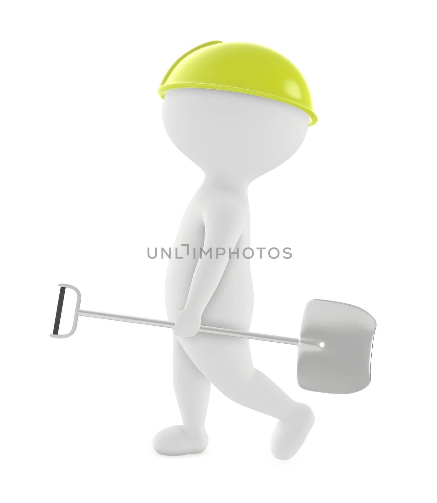 3d character , man wearing safety cap and walking with a shovel in his hand- 3d rendering
