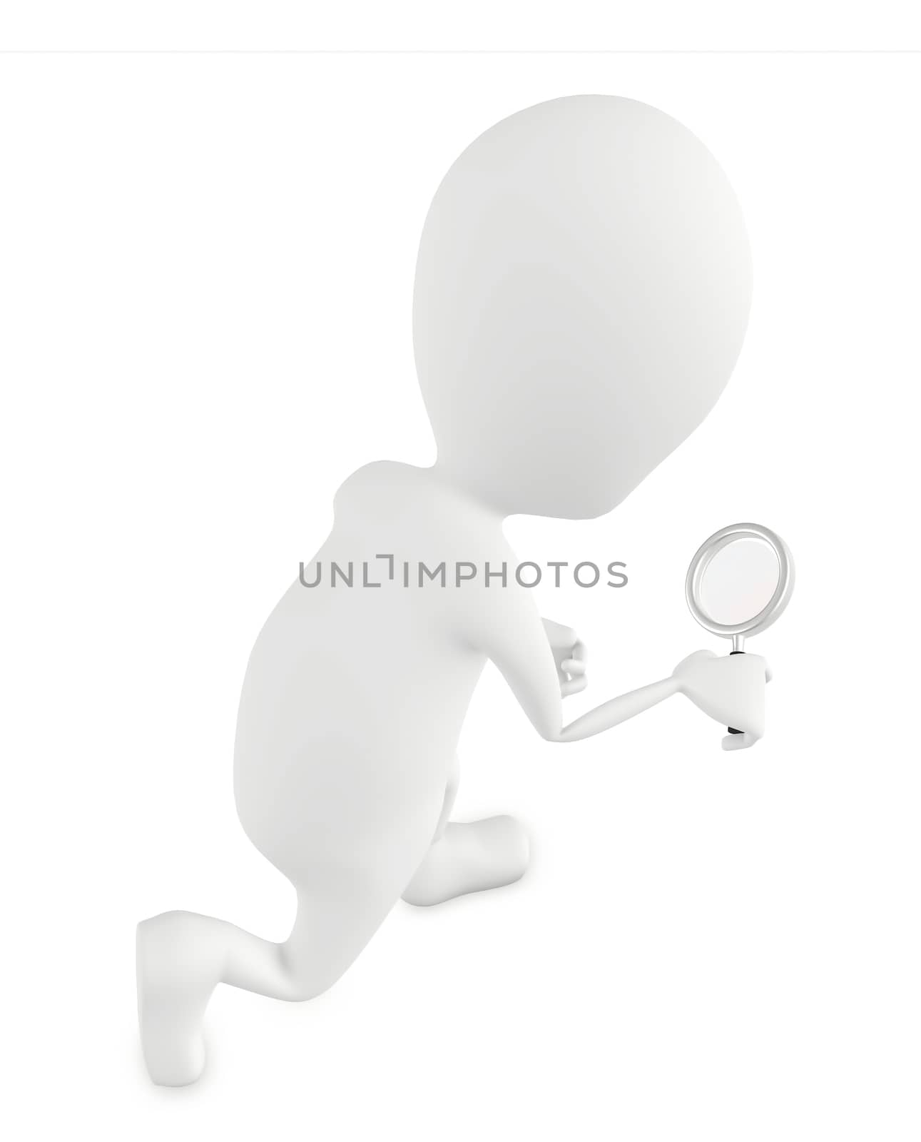 3d character , man on knee holding magnifier in hands- 3d rendering