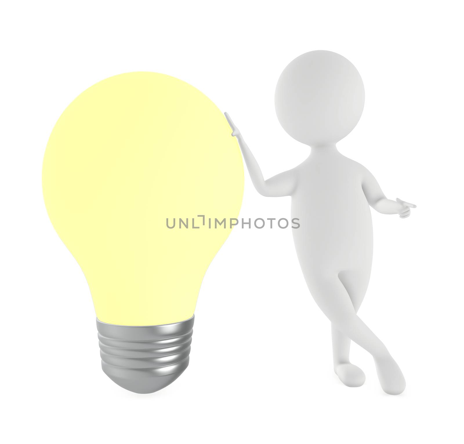 3d character , man presenting a illuminated bulb by qualityrender