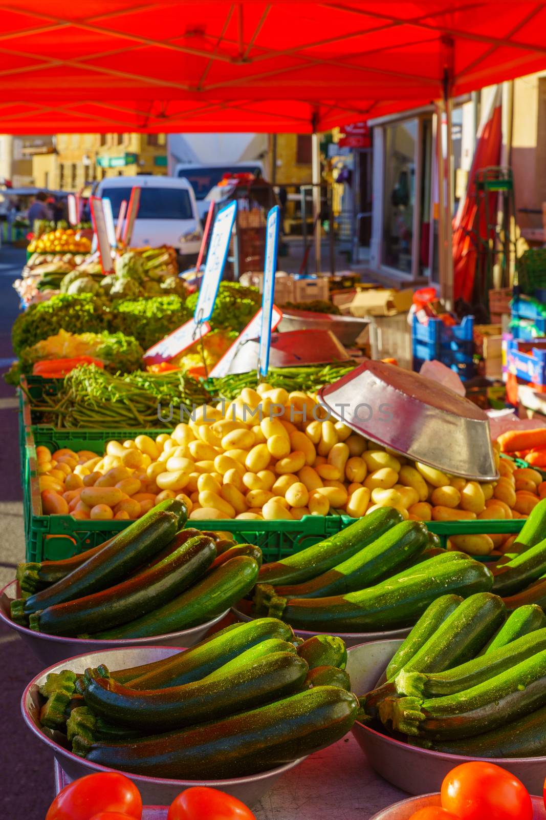 Various vegtables on sale in a French market, in Le-Bois-de-Oingt, Beaujolais, Rhone department, France
