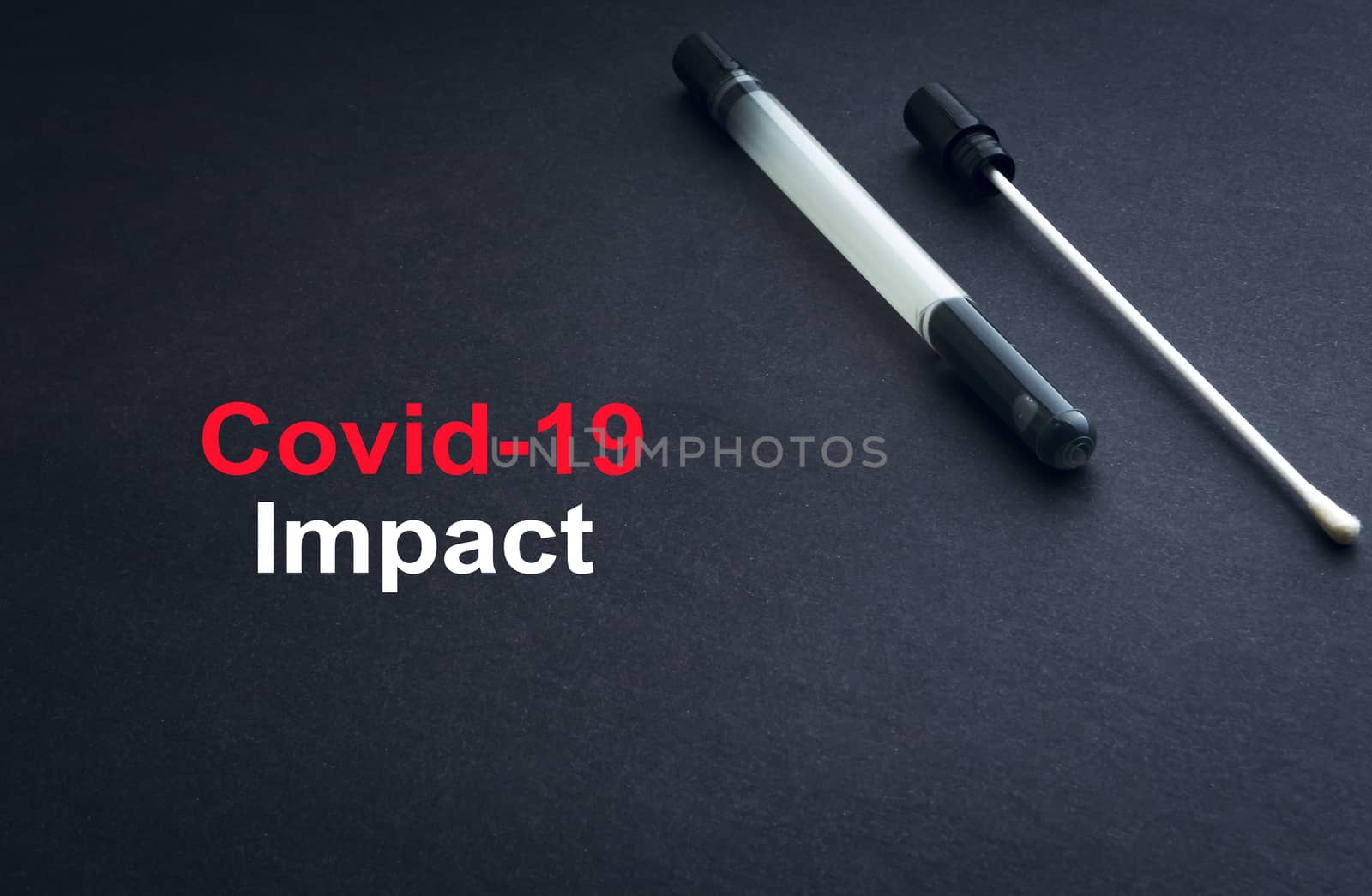 COVID-19 or CORONAVIRUS IMPACT text with medical swab on black background by silverwings