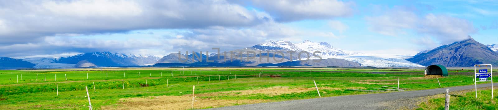 Panoramic countryside and glacier view, near Hofn, southeastern Iceland
