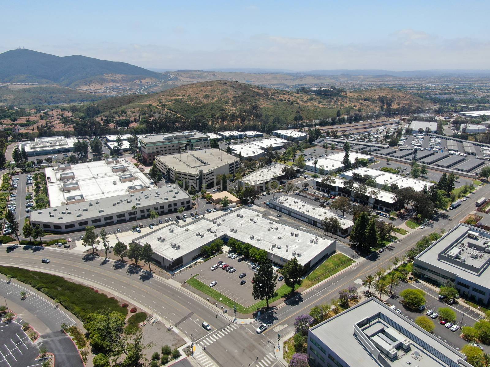 Aerial view to industrial zone and company office, storage warehouse in Rancho Bernardo Executive Center, California, USA.