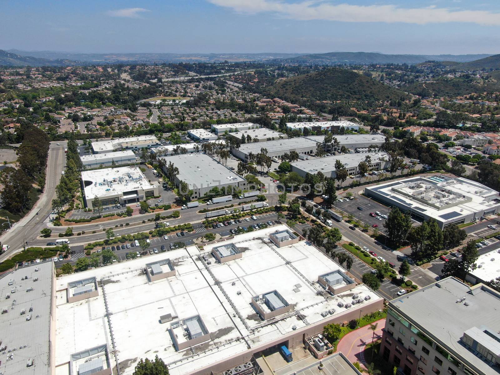 Aerial view to industrial zone and company office, storage warehouse in Rancho Bernardo Executive Center, California, USA.