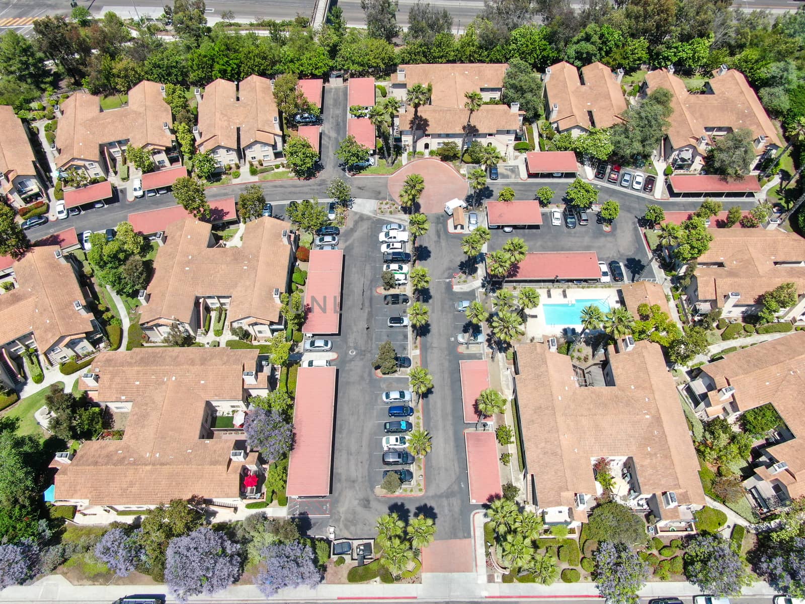 Aerial view middle class neighborhood with private condo community in Rancho Bernardo, South California, USA.