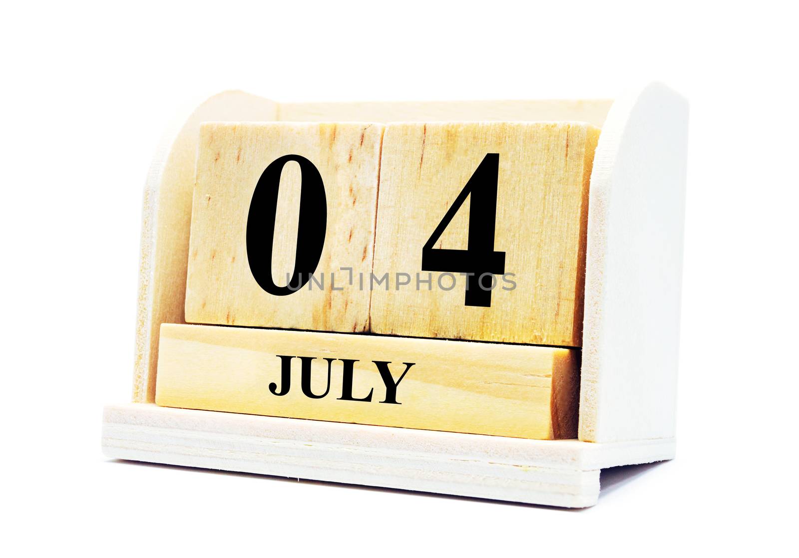 Cube shape calendar for July 04 on wooden surface isolated by Nu1983