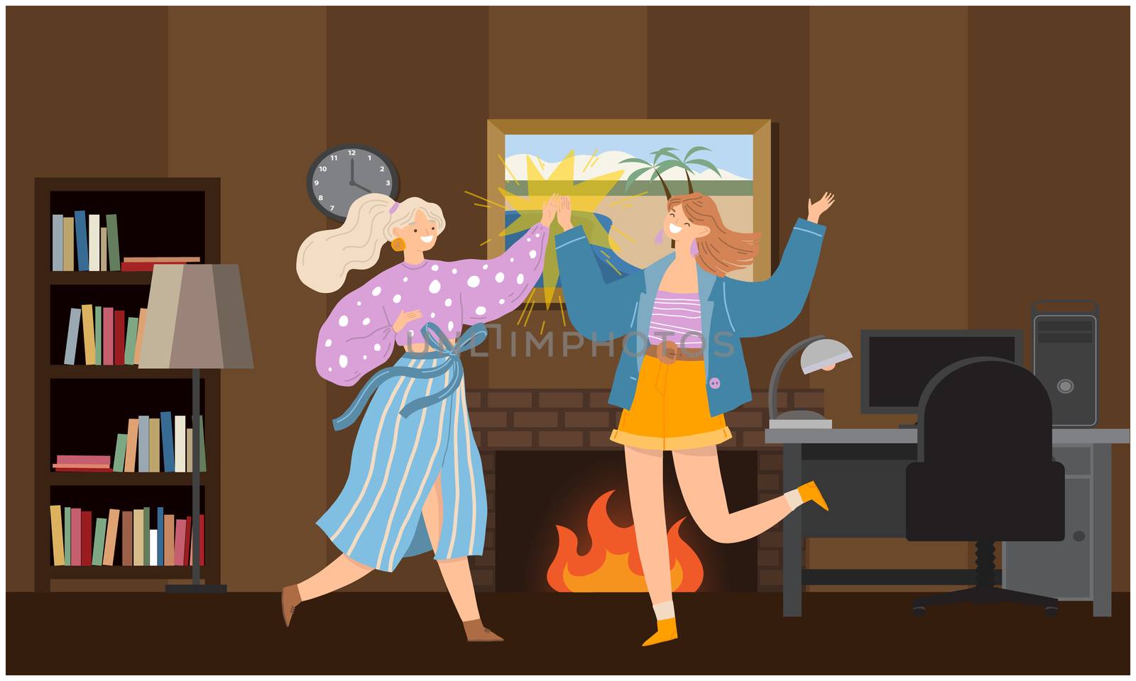 two girls are dancing at home