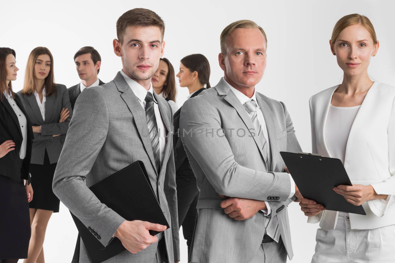 Business people team with contract documents in folders on white background