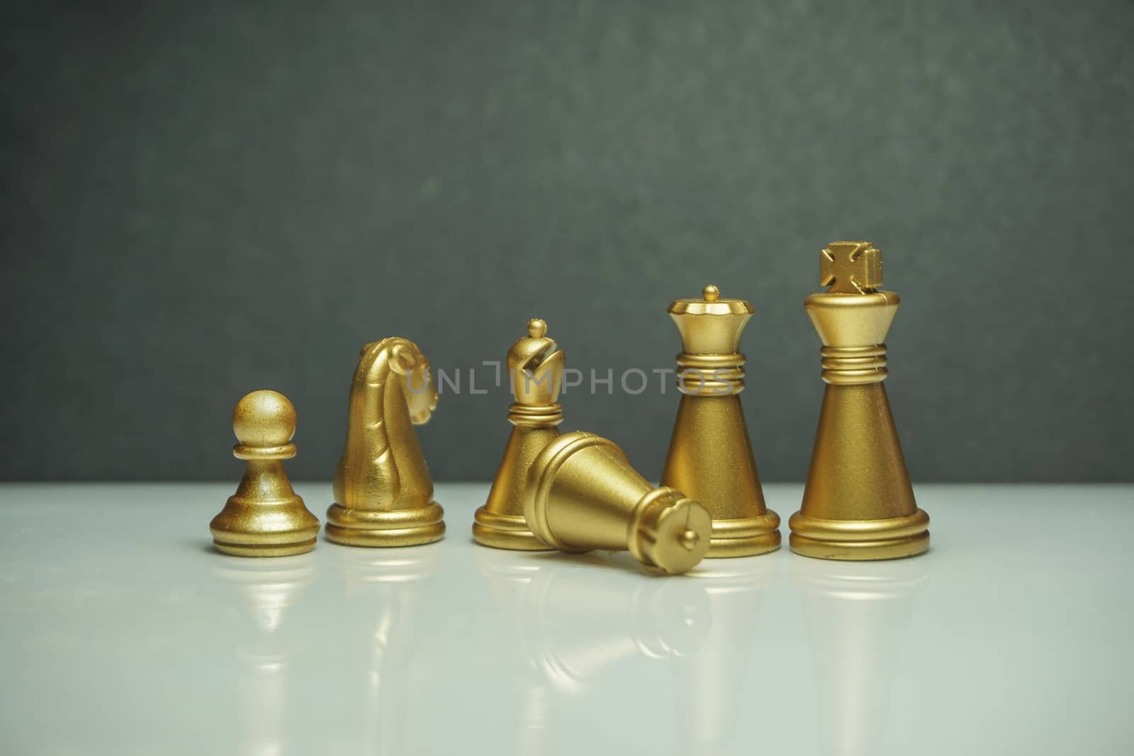 Piece of chess or Chess pieces with reflection glass on black background. Chess game, business, competition, leadership and success concept