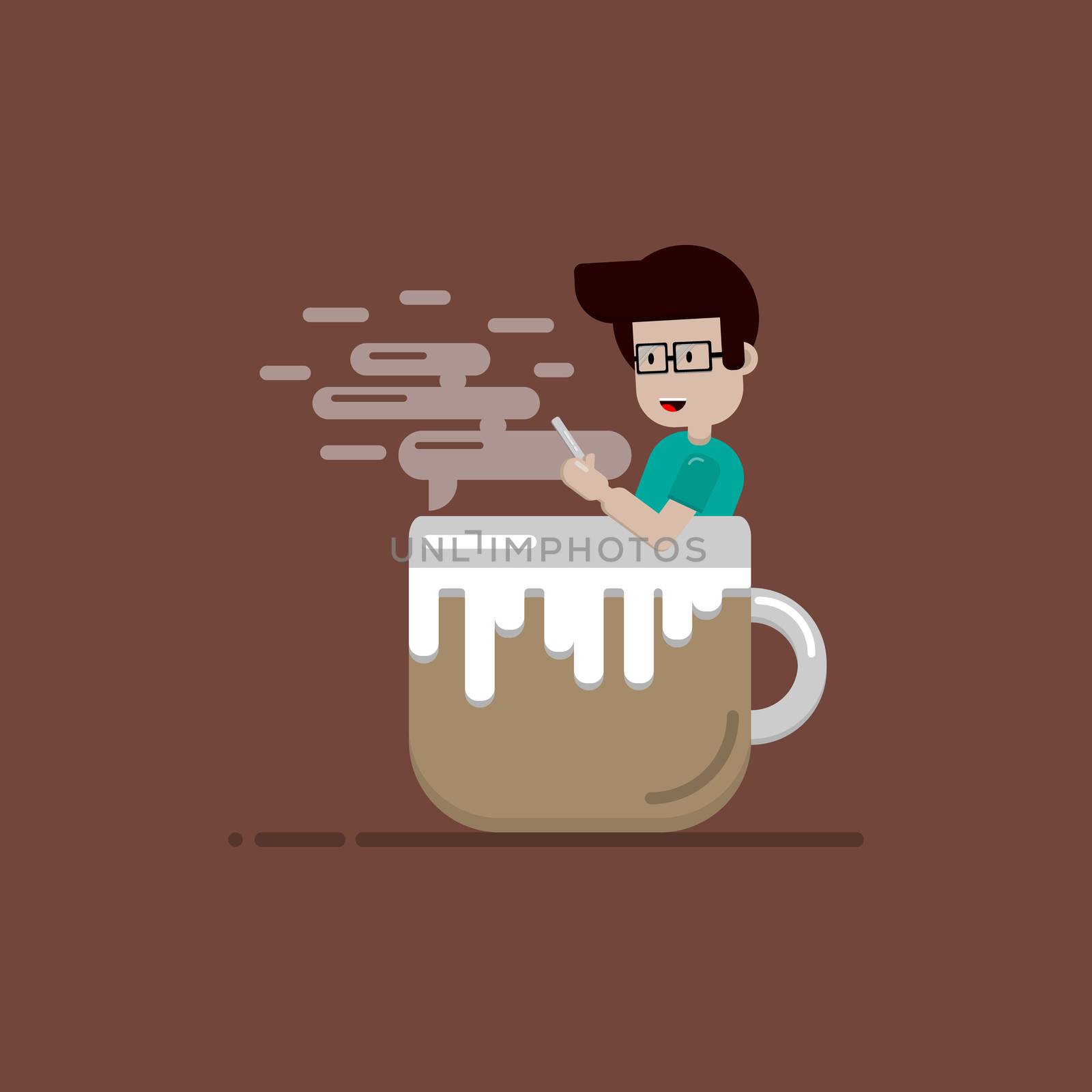 Relaxing times with coffee concept. Man ware glasses used a smartphone in his hand and sitting in a cup of coffee on a brown background. Flat cartoon design