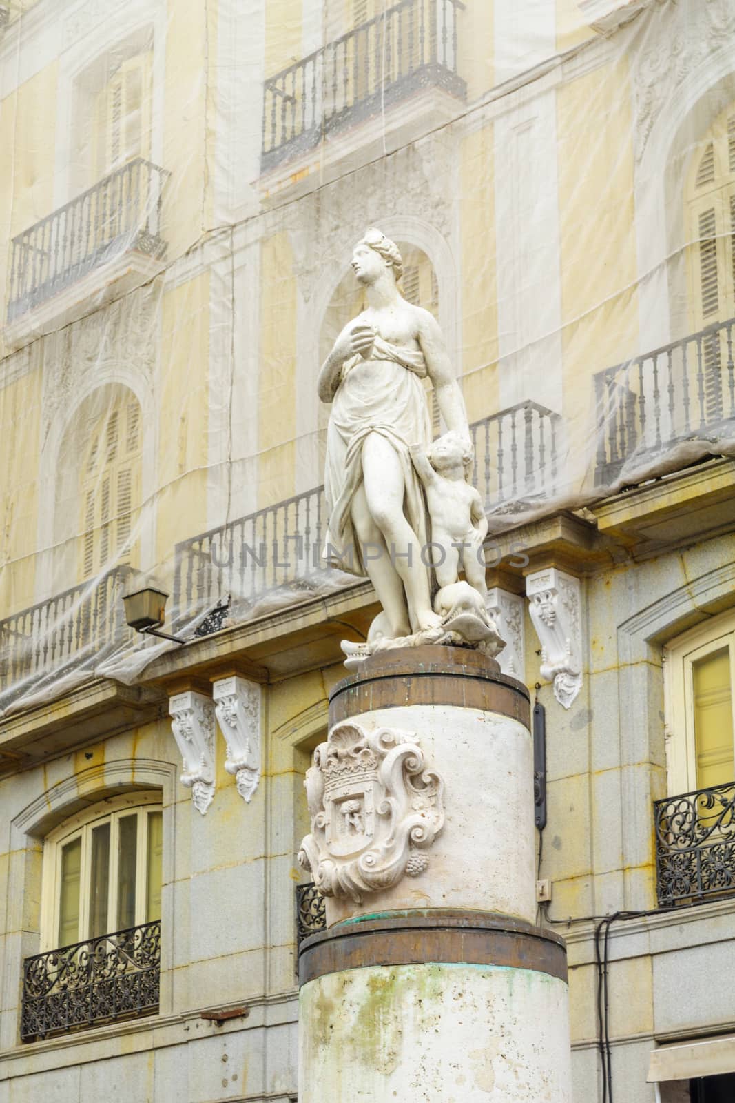 The Mariblanca statue, dated 17th century, in Puerta del Sol square, Madrid, Spain