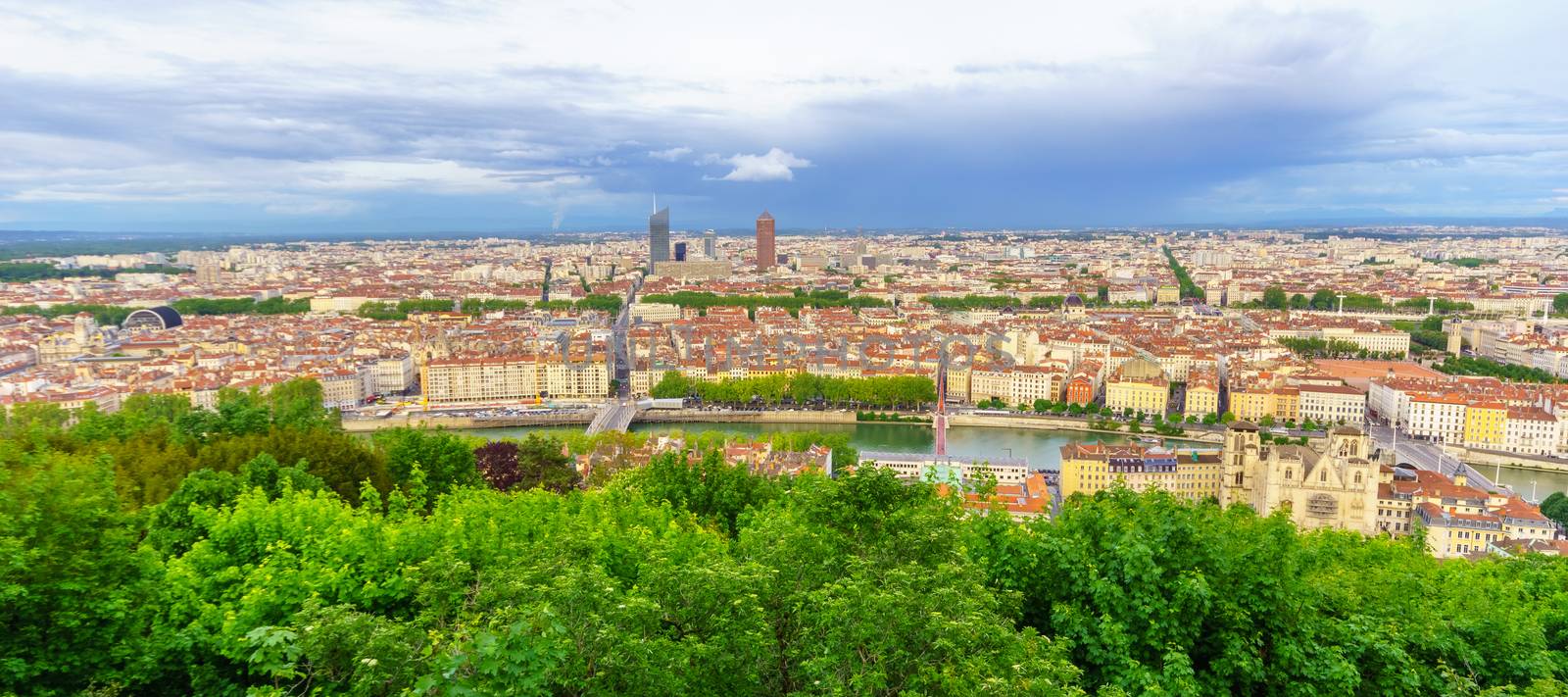 The Saint-Jean cathedral, Saone River and the city center, at evening, in Lyon, France