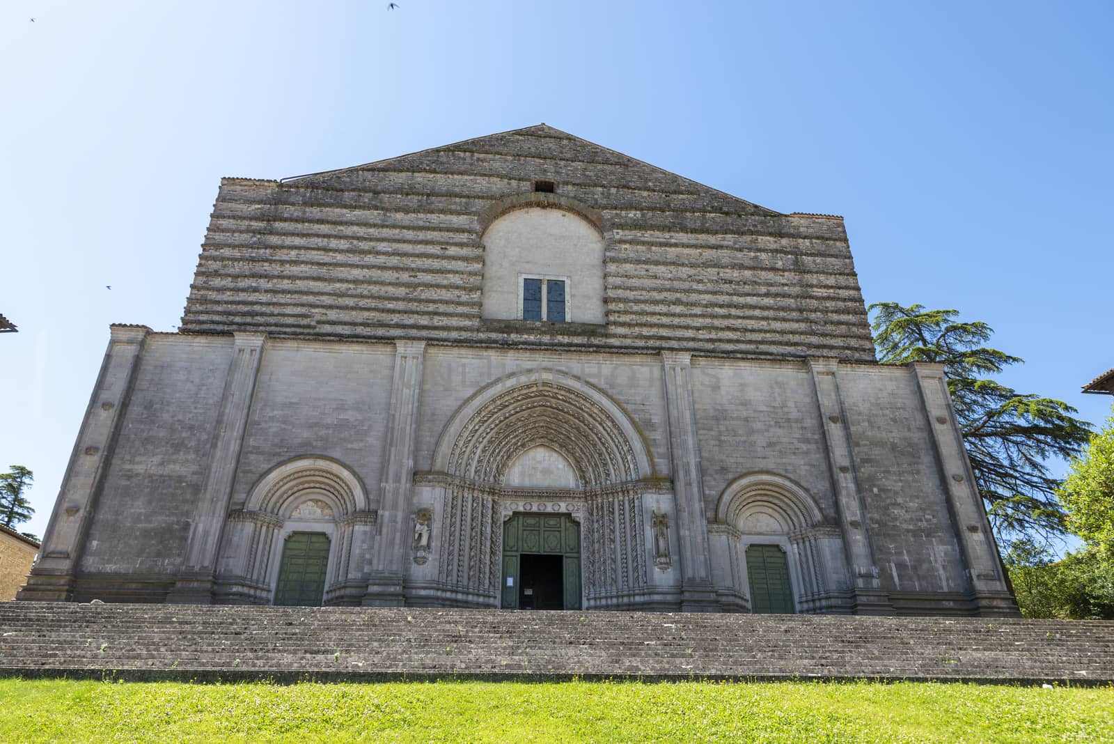 todi,italy june 20 2020 : temple of san fortunate in todi large bell tower and large staircase