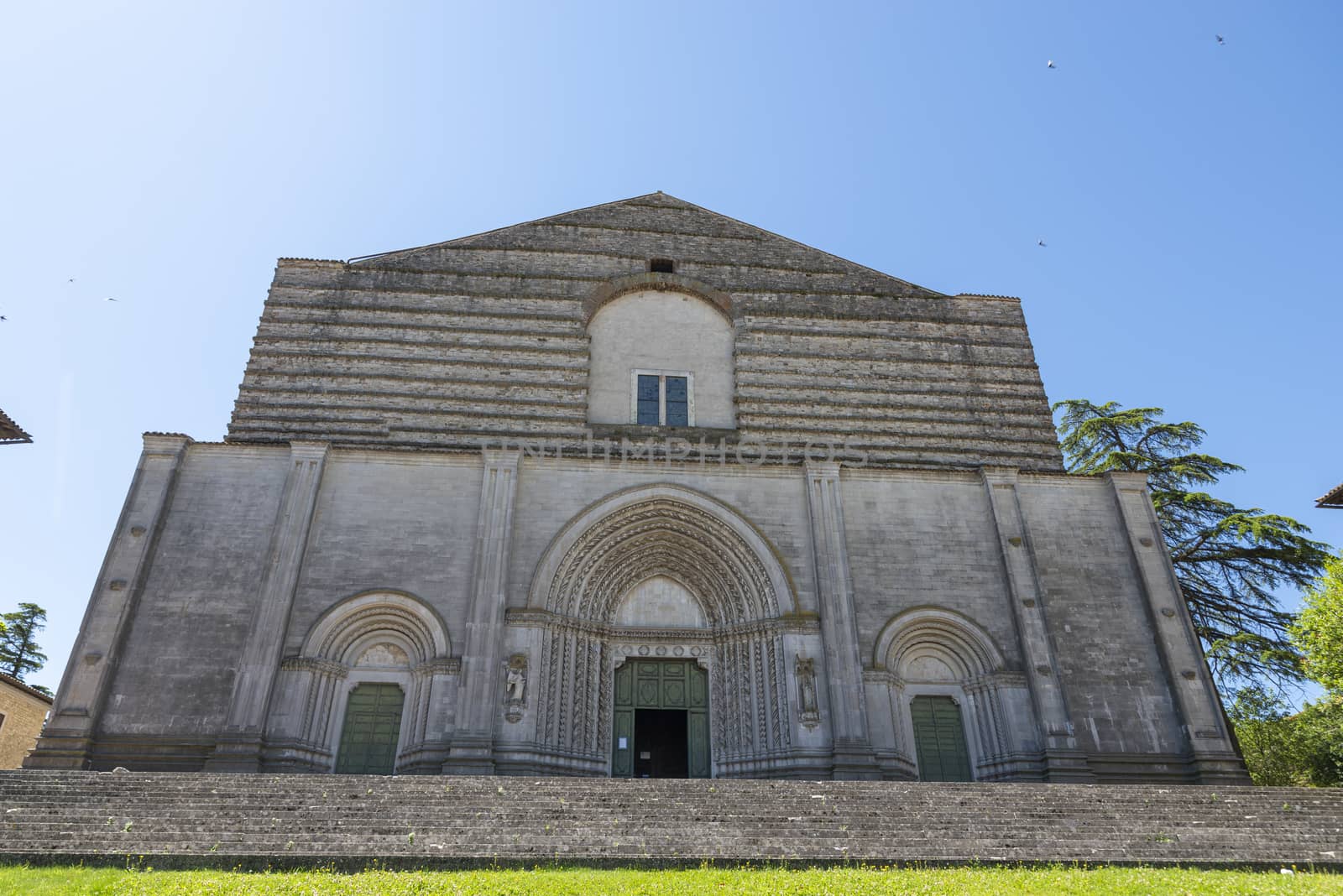 todi,italy june 20 2020 : temple of san fortunate in todi large bell tower and large staircase
