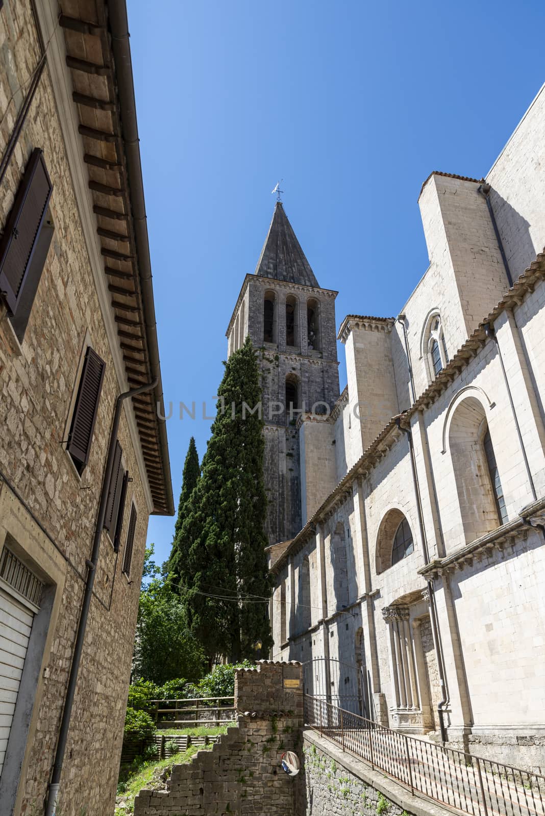 todi,italy june 20 2020 : temple of san fortunate in todi large bell tower and large staircase