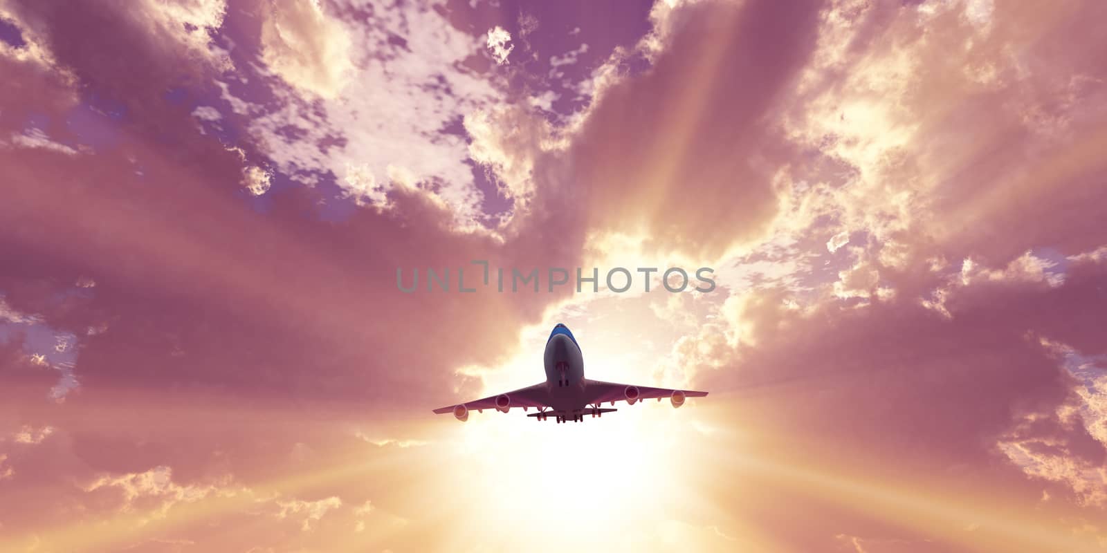 airplane in sunset sky light, 3d rendering