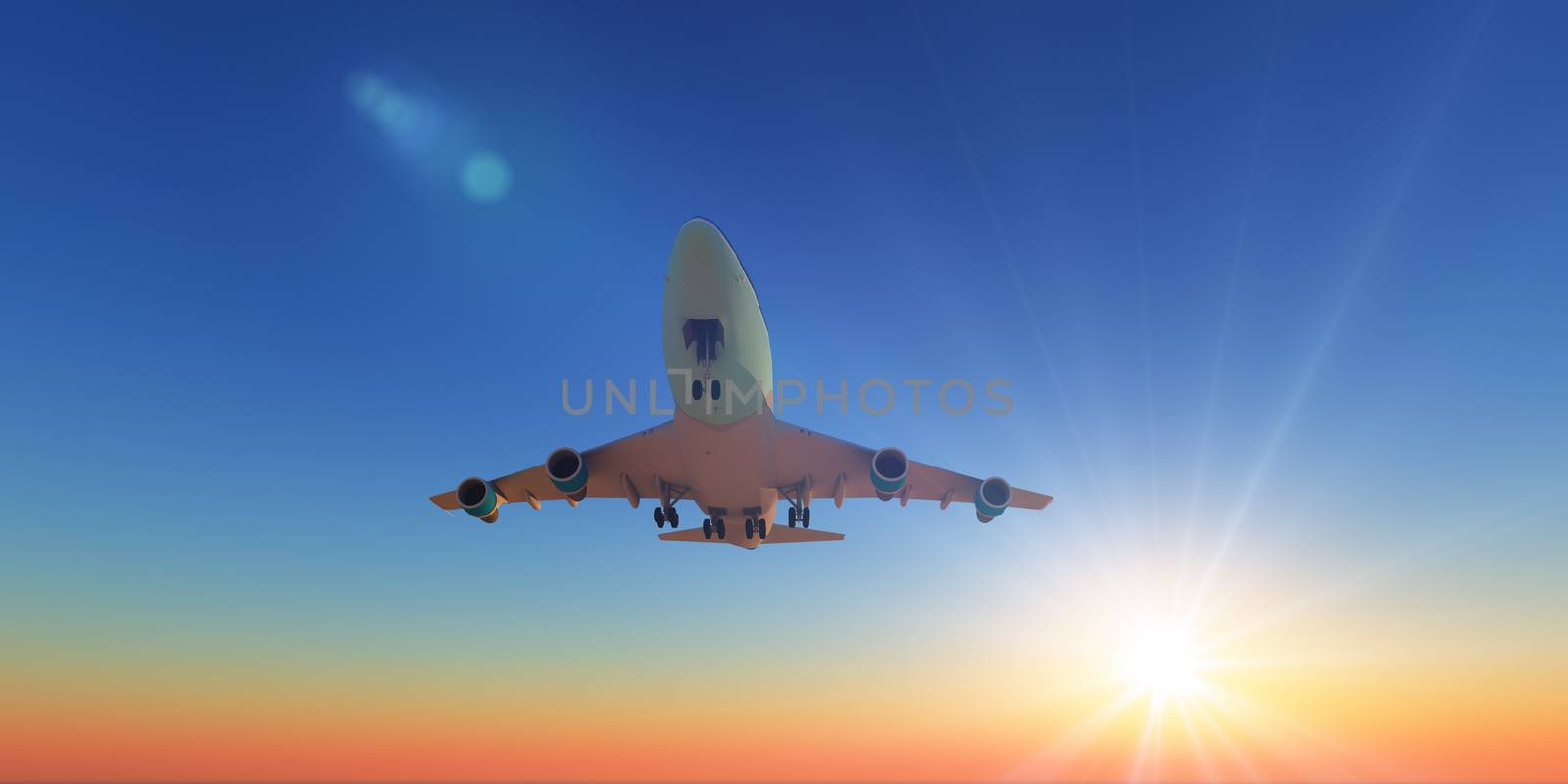 airplane in sunset sky light, 3d rendering
