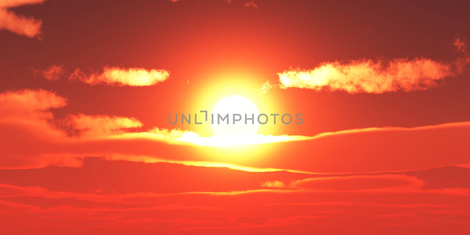 Big sun sky at beautiful sunset, 3d illustration