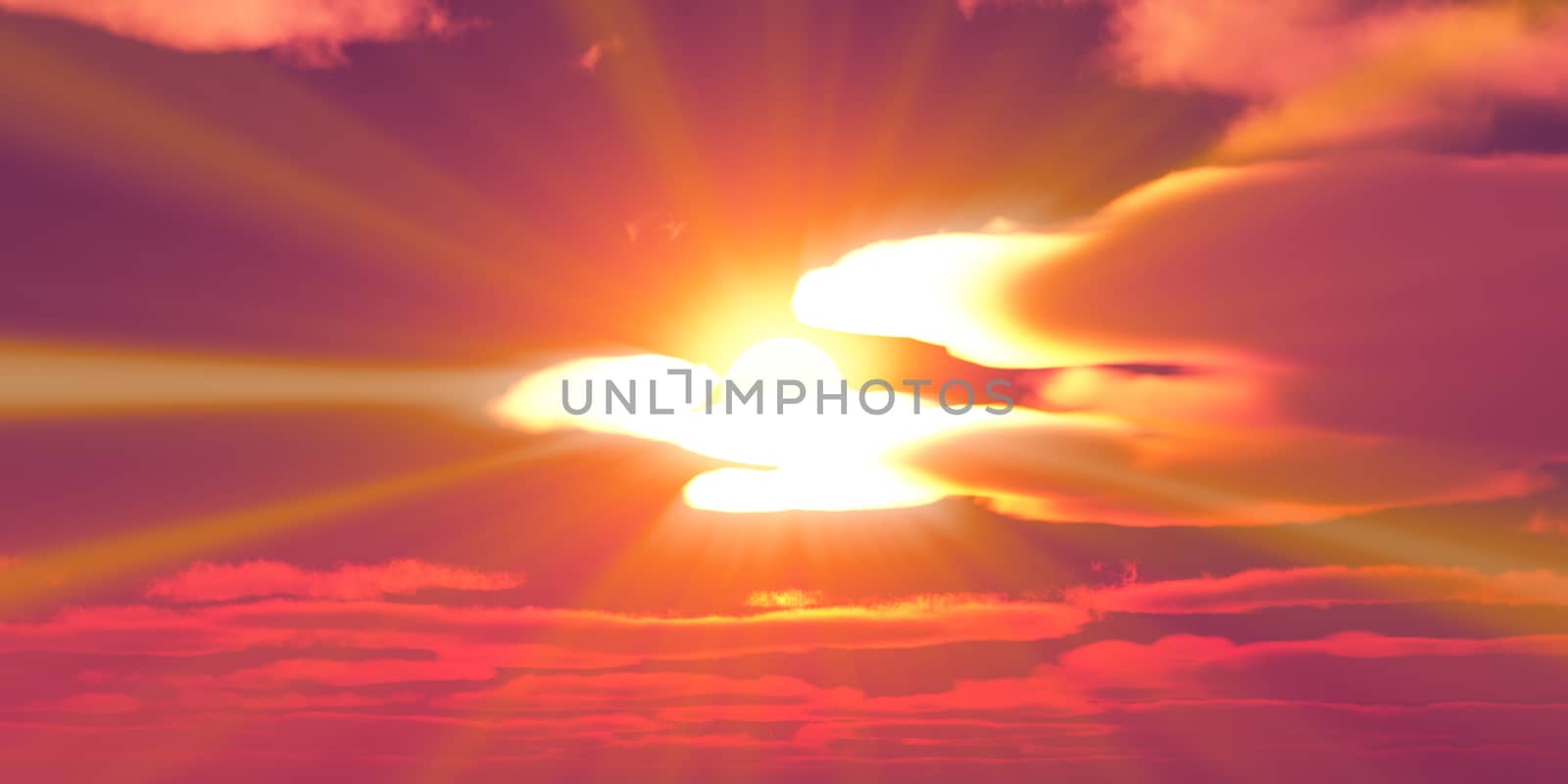 Big sun sky at beautiful sunset, 3d illustration