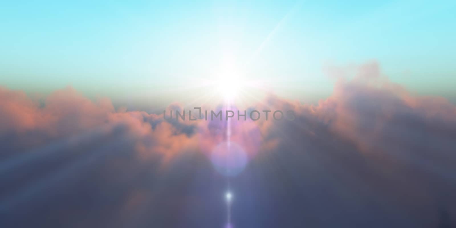 Beautiful aerial view above clouds with sunset. 3d illustration