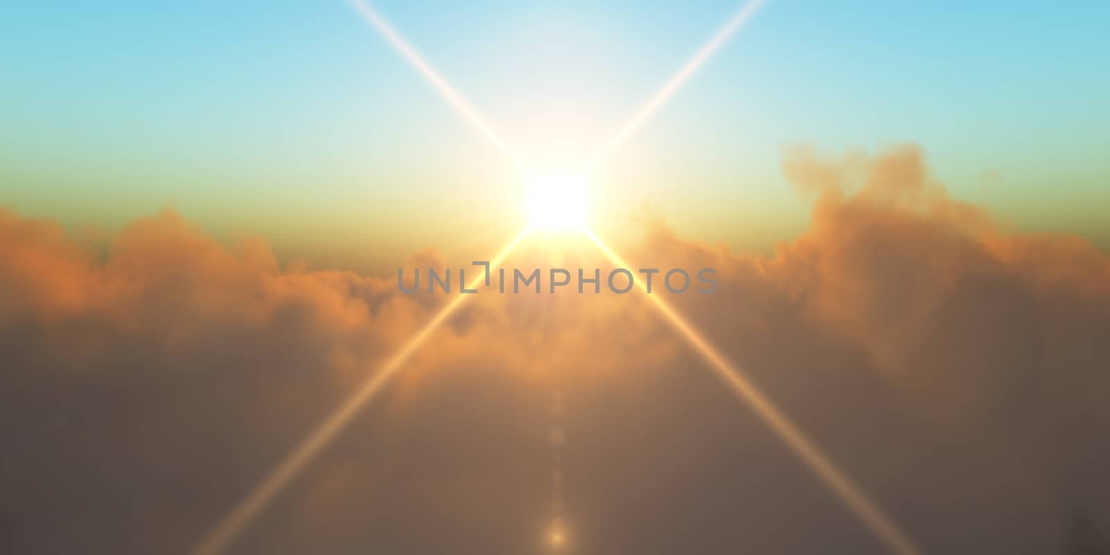 Beautiful aerial view above clouds with sunset. 3d illustration by alex_nako