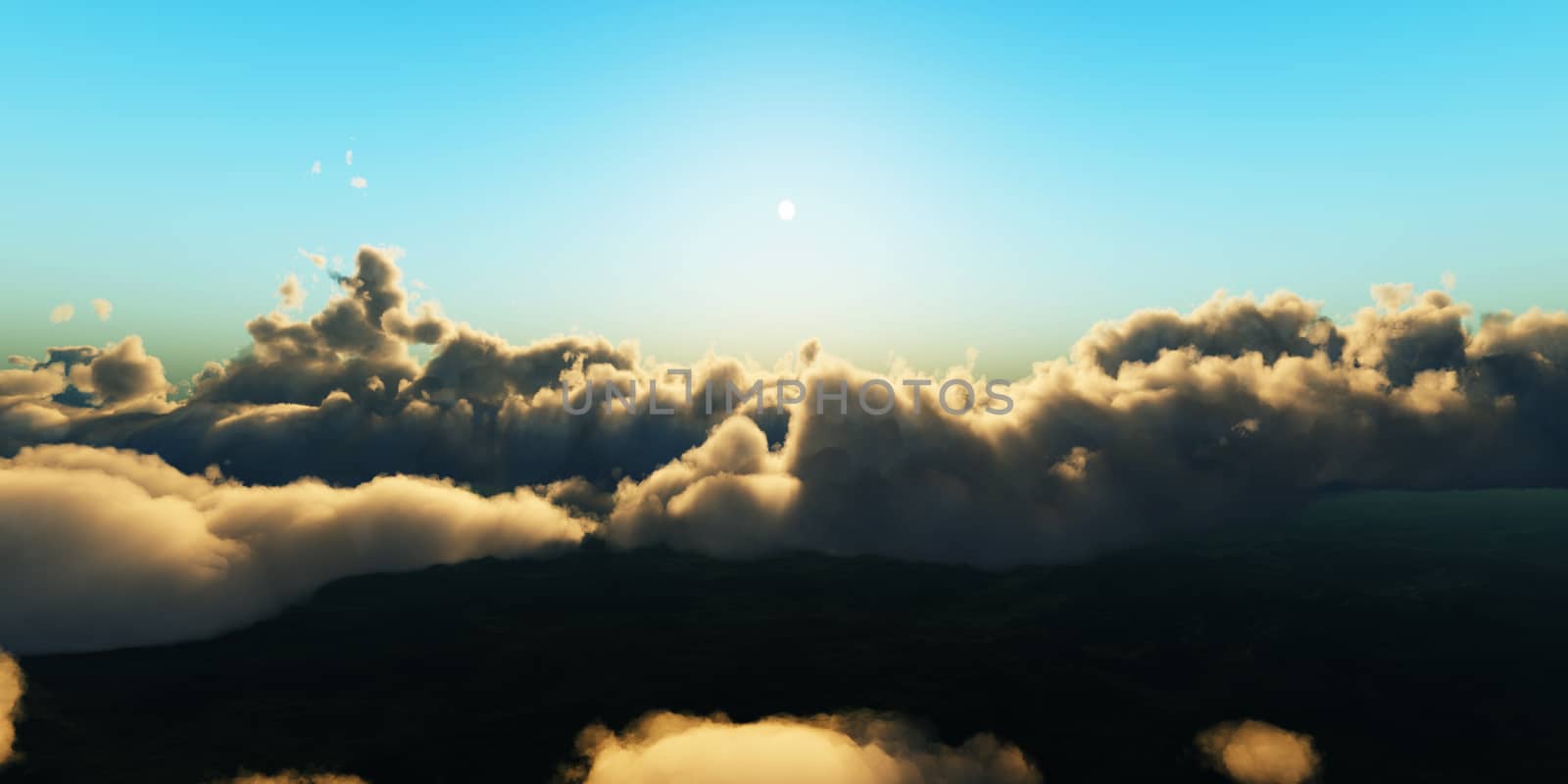 Beautiful aerial view above clouds with sunset. 3d illustration