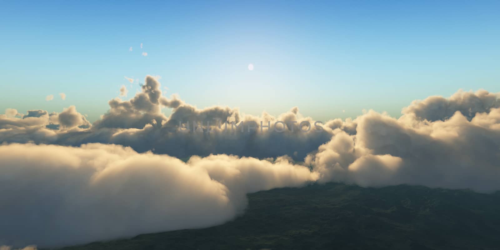 Beautiful aerial view above clouds with sunset. 3d illustration