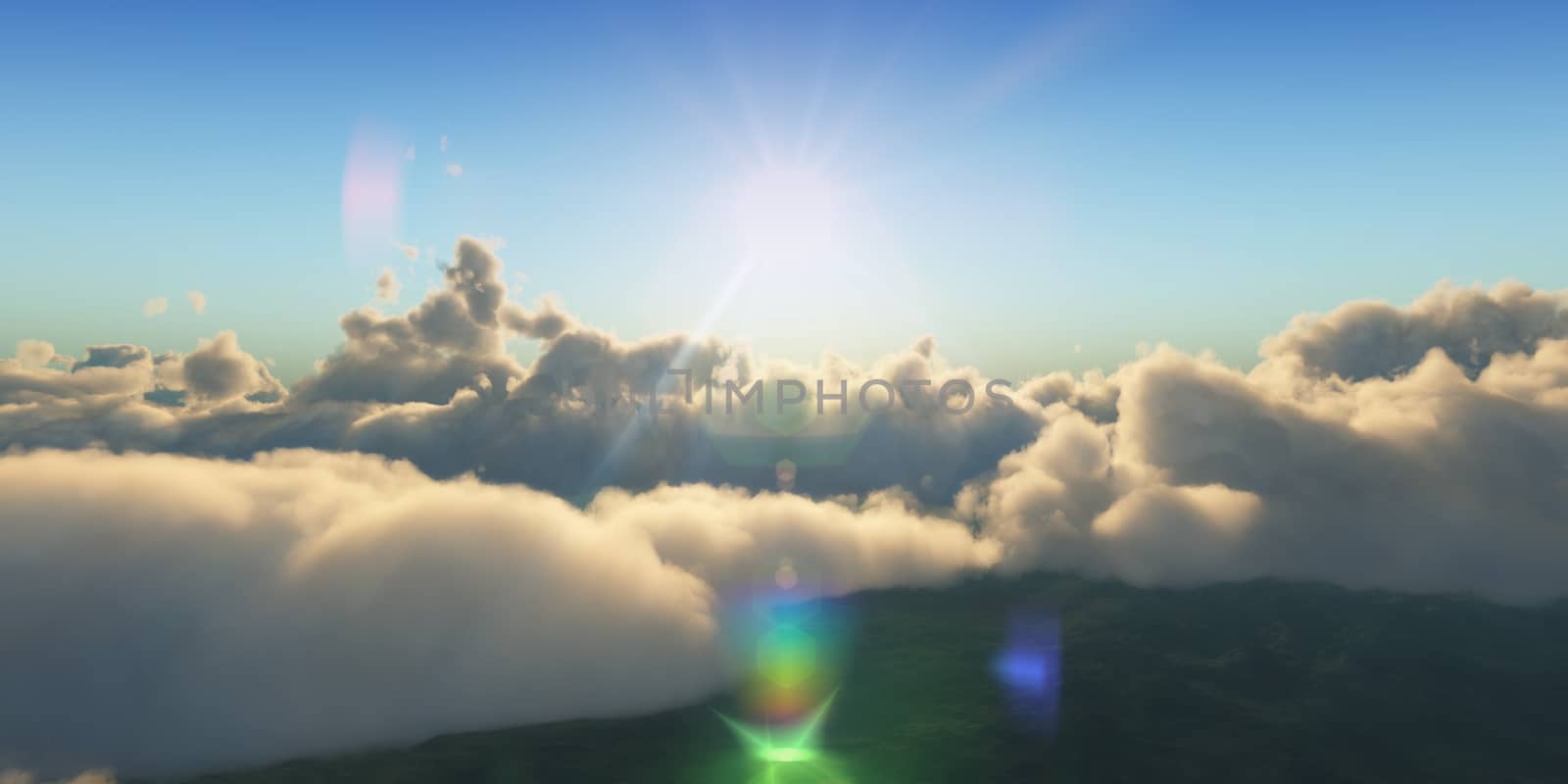 Beautiful aerial view above clouds with sunset. 3d illustration