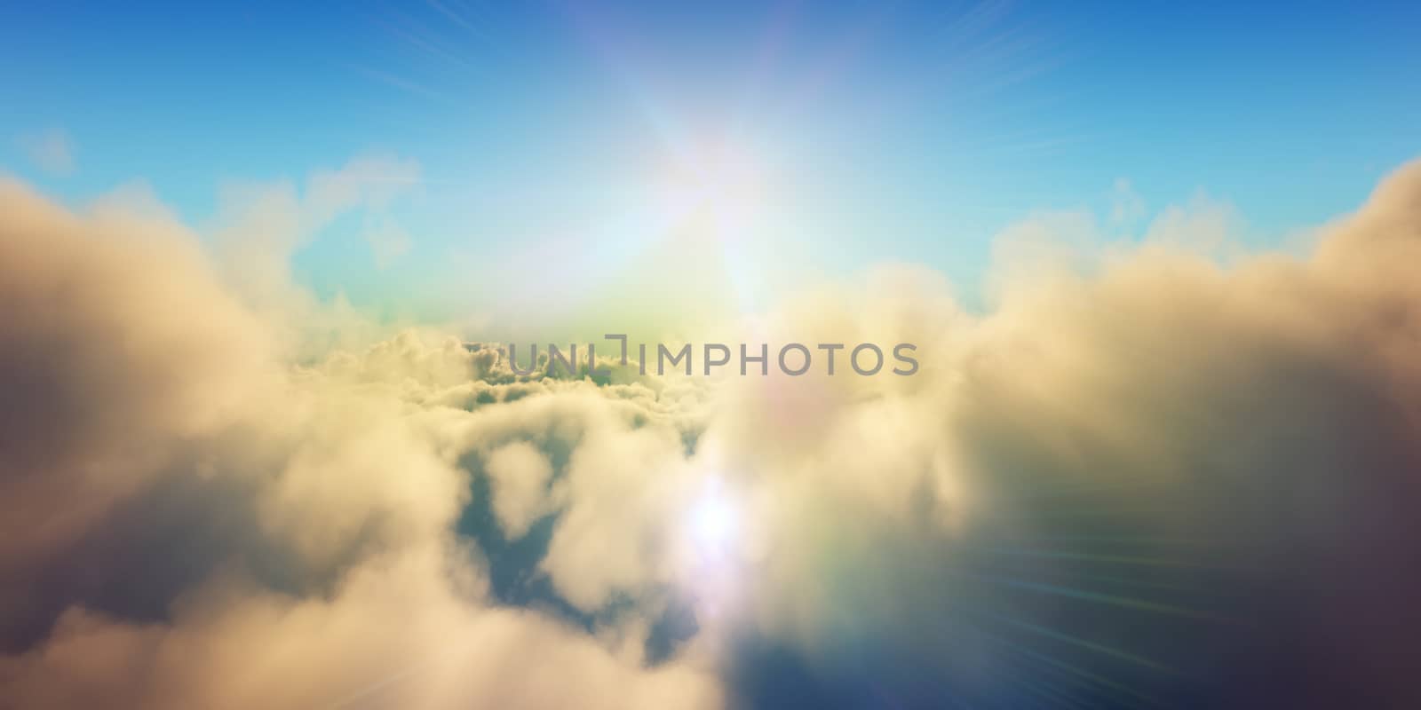 Beautiful aerial view above clouds with sunset. 3d illustration