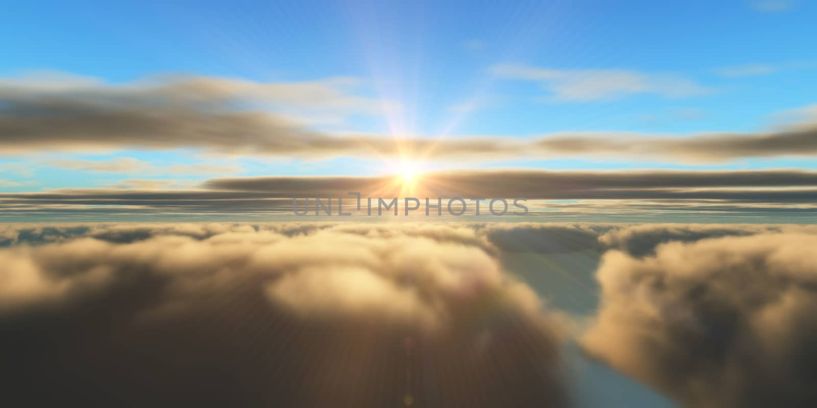 Beautiful aerial view above clouds with sunset. 3d illustration by alex_nako