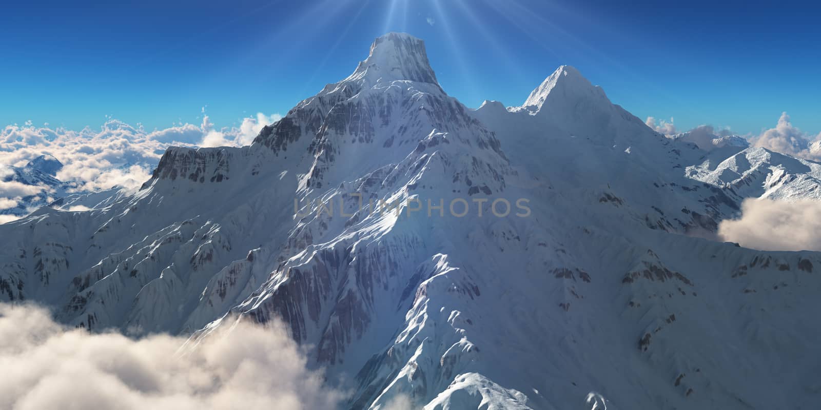 Mountain panorama over the clouds. Computer generated 3D illustration