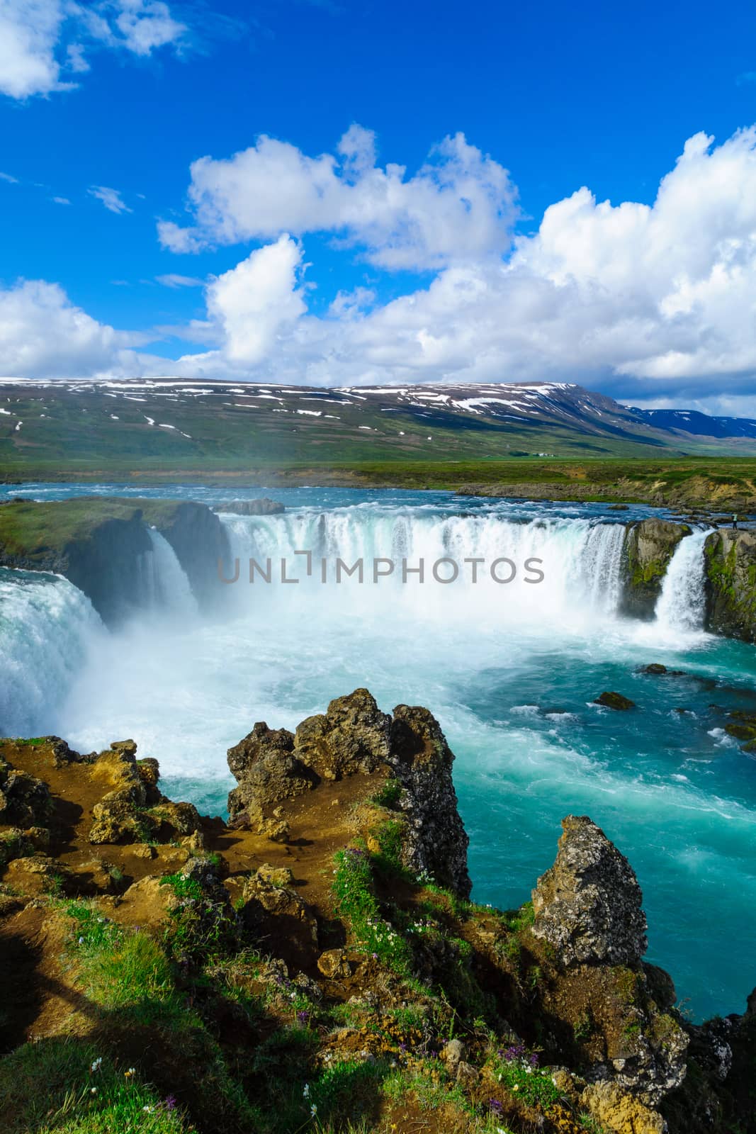 View of the Godafoss waterfall in the Bardardalur district of North-Central Iceland