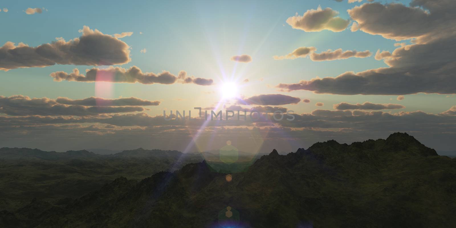 Mountain panorama over the clouds sunset. Computer generated 3D illustration