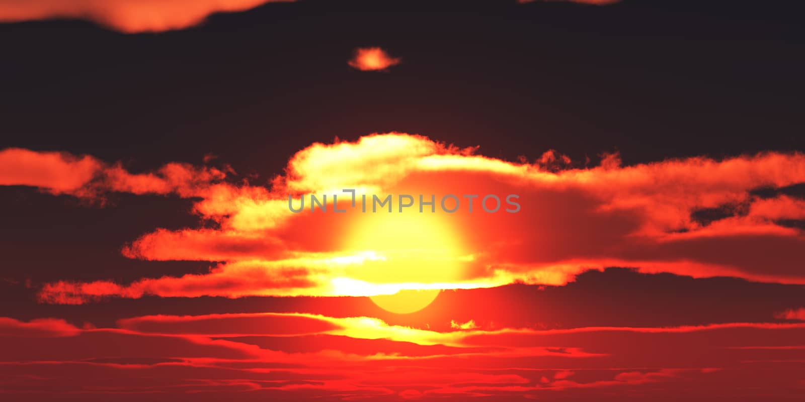 Big sun sky at beautiful sunset, 3d illustration